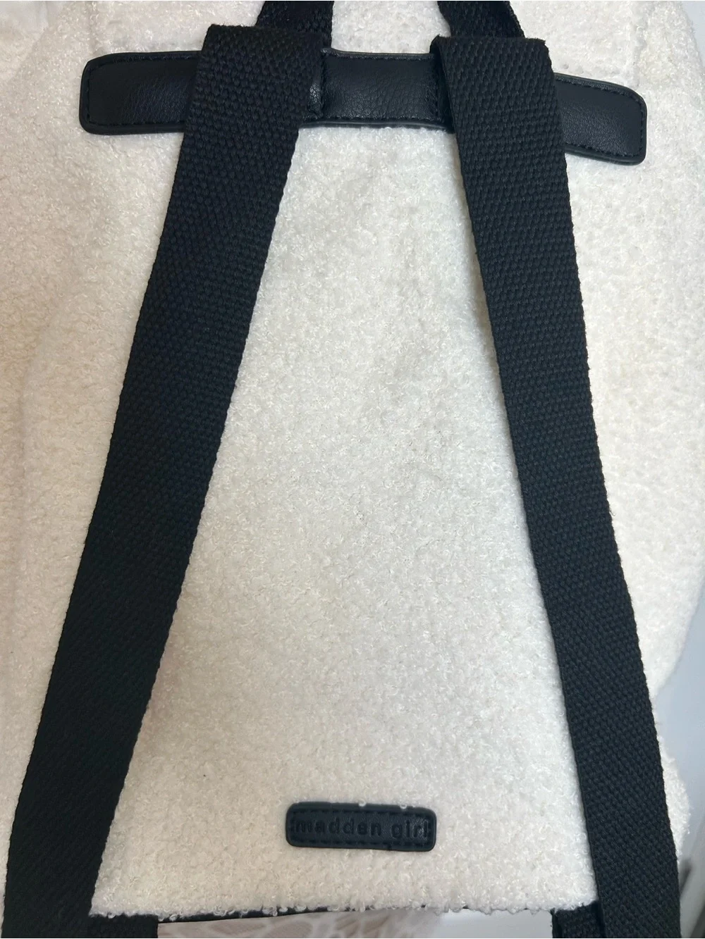 Madden Girl Cream Sherpa Backpack with Black Trim